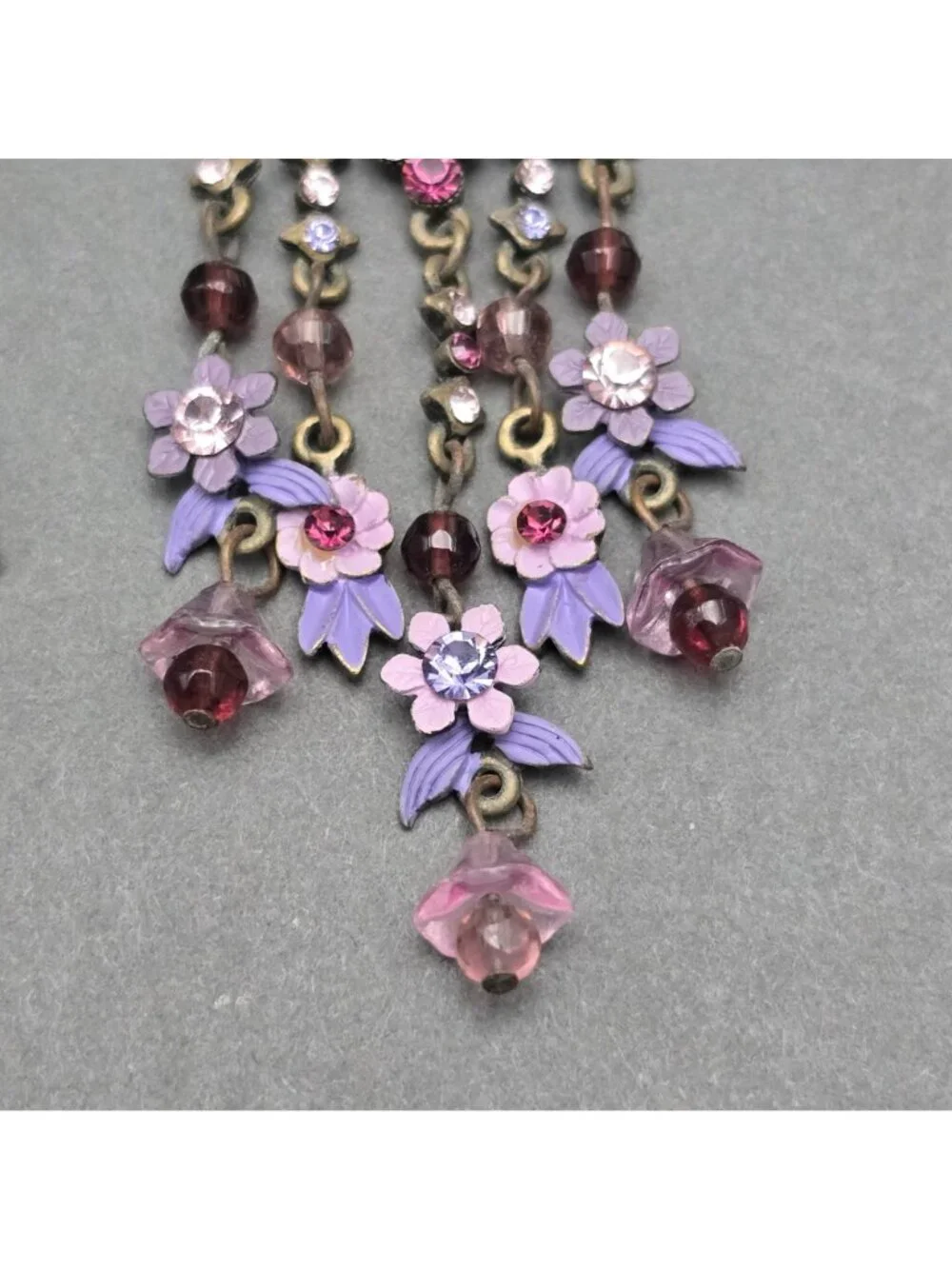 Vintage Michal Negrin Brass Dangle Earrings 4.75" Pastel Floral Crystal Drop - Picture 5 of 11